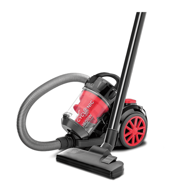 BLACK & DECKER VM1680-B5 Bagless Vacuum Cleaner with 1680W motor, 2.5L dustbowl, multicyclonic action, and 360° swivel hose for powerful and convenient cleaning.