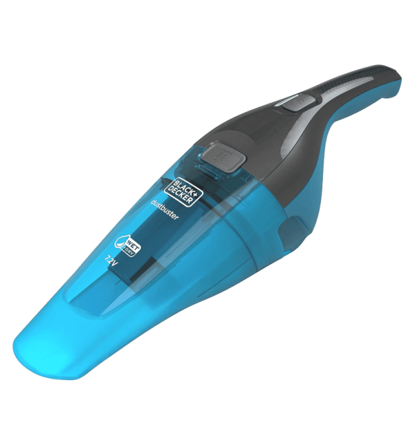 BLACK+DECKER WDC215WA-B5 7.2V cordless hand vacuum in blue/grey, designed for wet & dry cleaning, featuring a quick-release dust bowl, wide mouth design, and wall-mountable storage bracket.