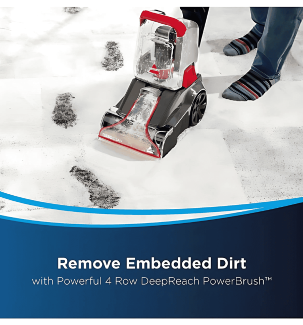 Bissell 2889K Turbo Clean PowerBrush Upright Carpet Cleaner with 4-row deep reach brush, dual-tank system, and 600W power for deep carpet cleaning.