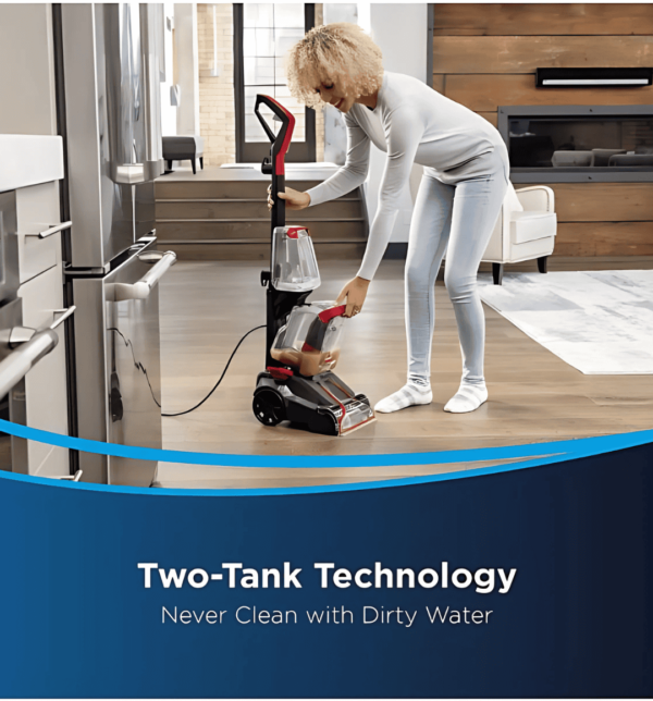 Bissell 2889K Turbo Clean PowerBrush Upright Carpet Cleaner with 4-row deep reach brush, dual-tank system, and 600W power for deep carpet cleaning.