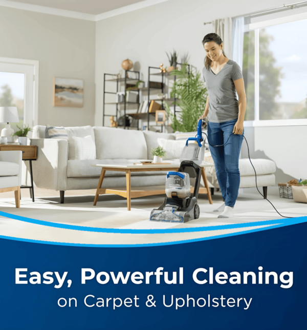 Bissell 3878K PowerClean 2X Carpet & Upholstery Washer with 700W motor, motorized brushroll, Two-Tank System, and above-floor cleaning tools for deep cleaning carpets, upholstery, and tough stains.