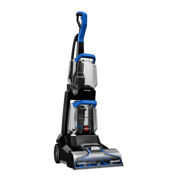 Bissell 3878K PowerClean 2X Carpet & Upholstery Washer with 700W motor, motorized brushroll, Two-Tank System, and above-floor cleaning tools for deep cleaning carpets, upholstery, and tough stains.