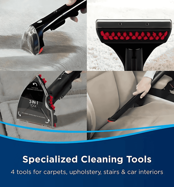 Bissell 4720E MultiClean Spot & Stain Portable Carpet Cleaner with 2-Tank System, HeatWave Technology, and Oxygen Boost formula for effective stain removal on carpets, upholstery, stairs, and auto interiors.