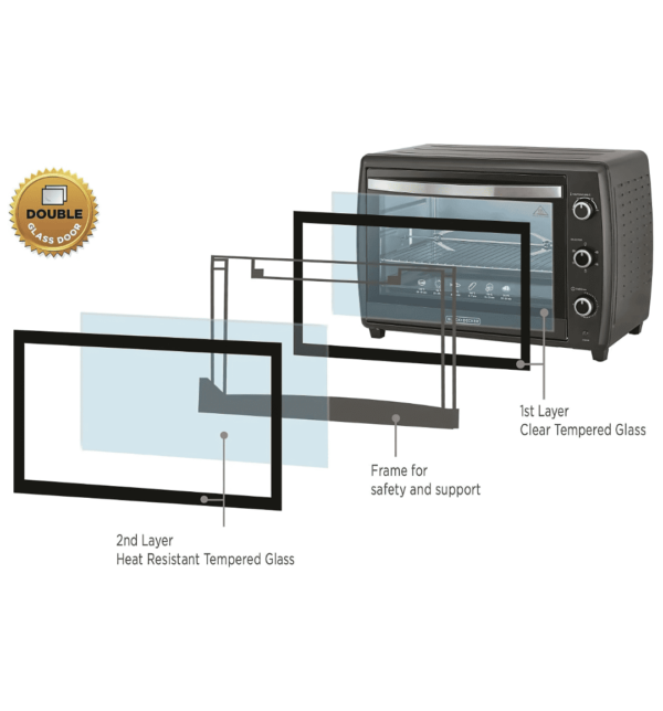 "Black & Decker 70L Toaster Oven TRO70RDG-B5 with double glass doors, rotisserie, and convection cooking for perfect baking and roasting."