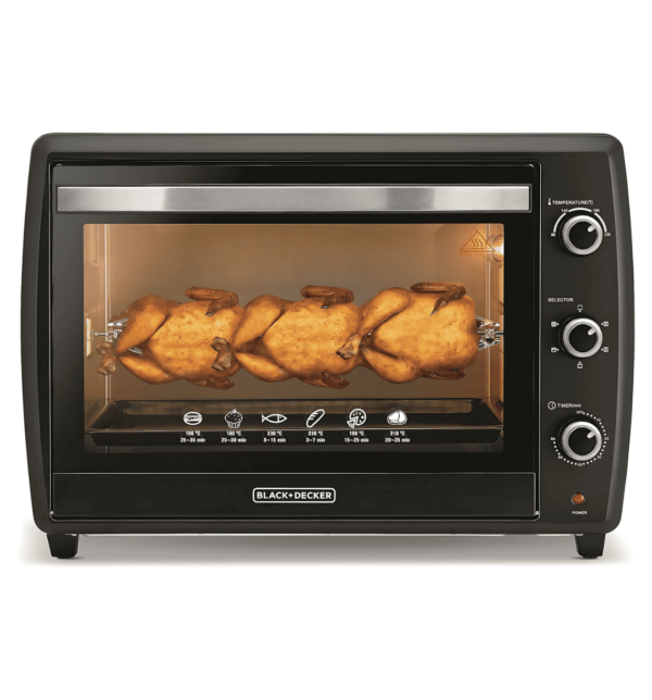 "Black & Decker 70L Toaster Oven TRO70RDG-B5 with double glass doors, rotisserie, and convection cooking for perfect baking and roasting."