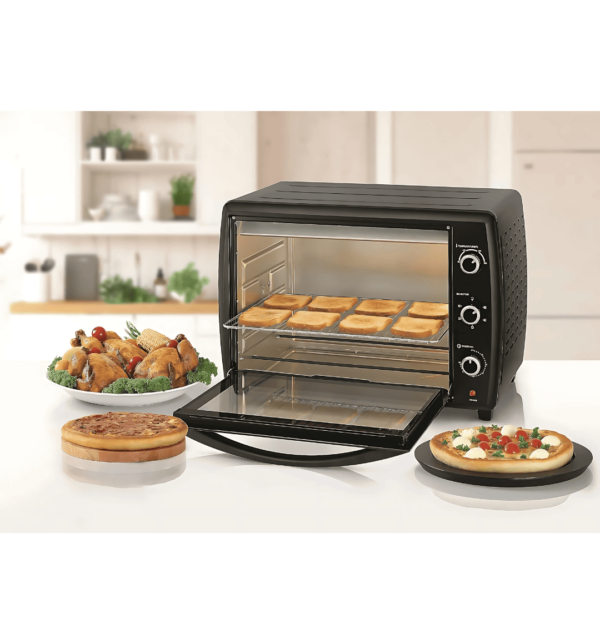 "Black & Decker 70L Toaster Oven TRO70RDG-B5 with double glass doors, rotisserie, and convection cooking for perfect baking and roasting."