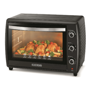 "Black & Decker 70L Toaster Oven TRO70RDG-B5 with double glass doors, rotisserie, and convection cooking for perfect baking and roasting."