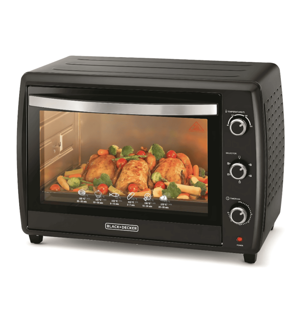 "Black & Decker 70L Toaster Oven TRO70RDG-B5 with double glass doors, rotisserie, and convection cooking for perfect baking and roasting."