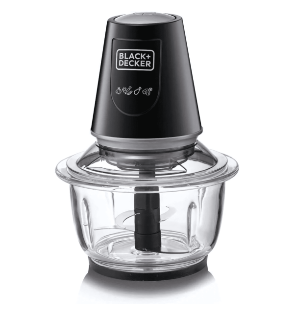 Black & Decker Chopper 1.2L GC400 - 400W vertical chopper with quad-blade system, 1.2L glass bowl, and pulse speed function for versatile food preparation