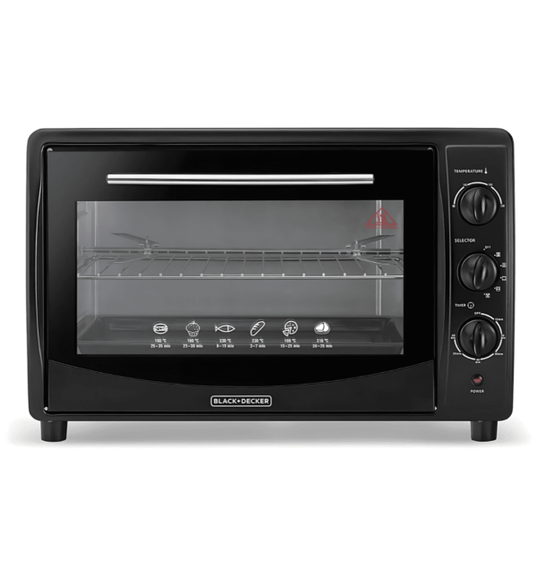 "Black & Decker TRO45RDG-B5 Electric Oven – 45L, 1800W, convection fan, rotisserie function, double glass door, black finish, ideal for baking, toasting, and broiling."
