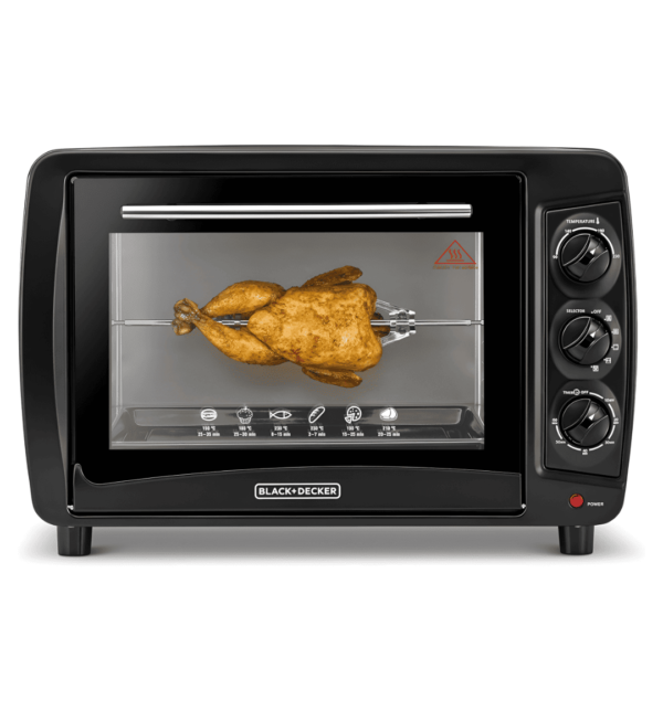 "Black & Decker TRO35RDG-B5 Electric Oven – 35L, 1500W, double grill, convection fan, double glass door, black finish, perfect for baking, toasting, and broiling."