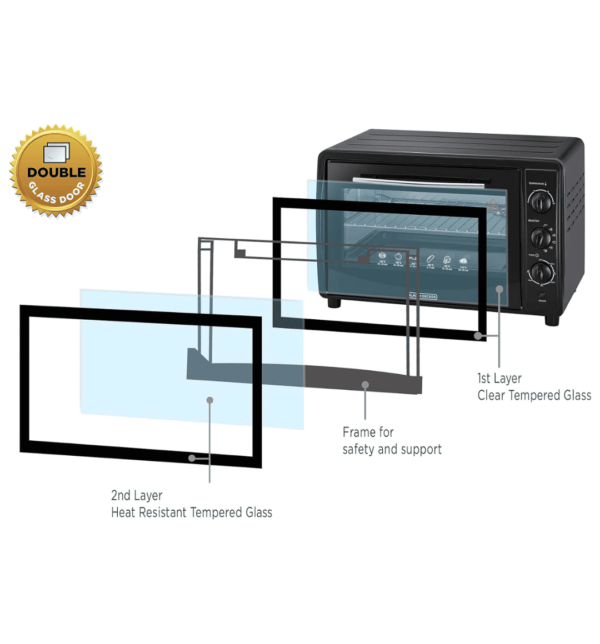 "Black & Decker TRO45RDG-B5 Electric Oven – 45L, 1800W, convection fan, rotisserie function, double glass door, black finish, ideal for baking, toasting, and broiling."