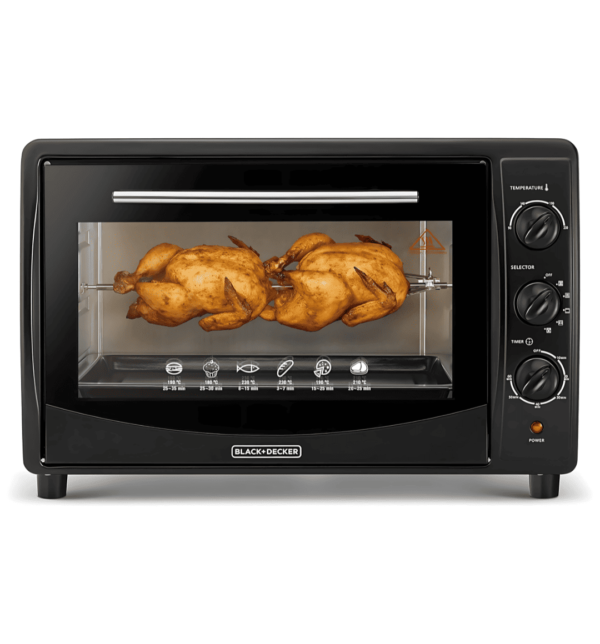 "Black & Decker TRO45RDG-B5 Electric Oven – 45L, 1800W, convection fan, rotisserie function, double glass door, black finish, ideal for baking, toasting, and broiling."