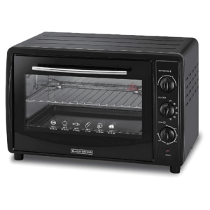 "Black & Decker TRO45RDG-B5 Electric Oven – 45L, 1800W, convection fan, rotisserie function, double glass door, black finish, ideal for baking, toasting, and broiling."