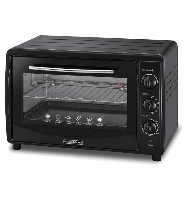 "Black & Decker TRO45RDG-B5 Electric Oven – 45L, 1800W, convection fan, rotisserie function, double glass door, black finish, ideal for baking, toasting, and broiling."
