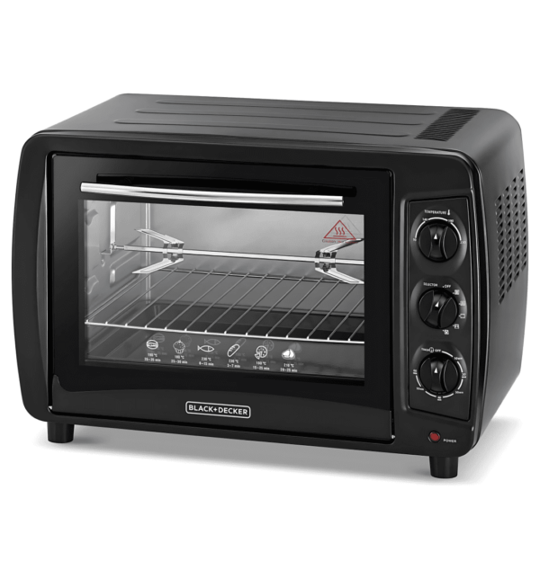 "Black & Decker TRO35RDG-B5 Electric Oven – 35L, 1500W, double grill, convection fan, double glass door, black finish, perfect for baking, toasting, and broiling."
