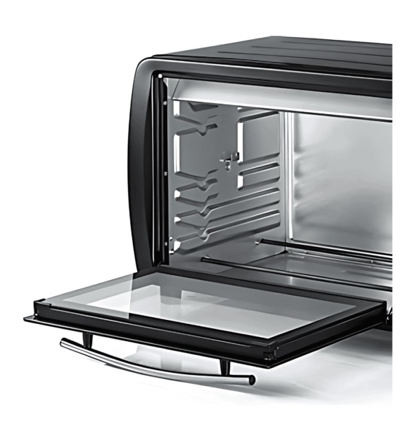 "Black & Decker TRO35RDG-B5 Electric Oven – 35L, 1500W, double grill, convection fan, double glass door, black finish, perfect for baking, toasting, and broiling."