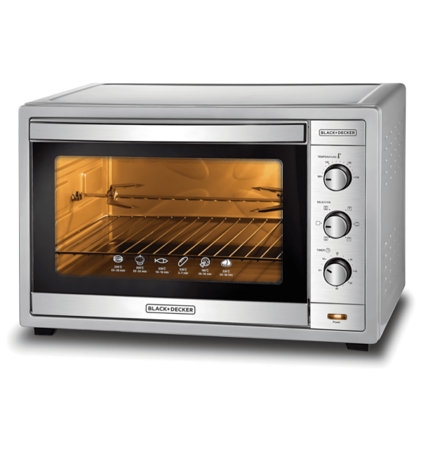 "Black & Decker TRO62RDG-B5 Electric Oven – 62L, 2200W, convection fan, rotisserie function, silver finish, perfect for baking, broiling, and toasting."