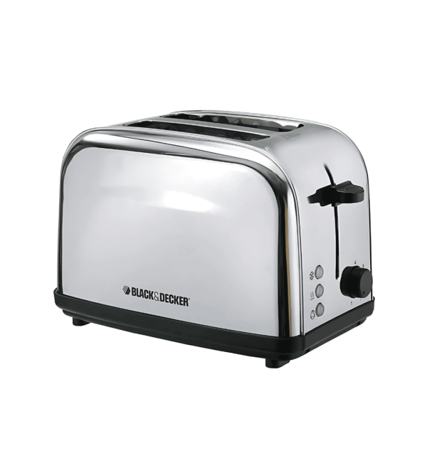 Black & Decker ET222-B5 2-slice toaster in stainless steel with 1050W power and auto shutoff.