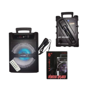 KTS-1090 Bluetooth Wireless Speaker with 8-inch driver, mic input, bass control, AUX, FM radio, and PC/mixing console connectivity.