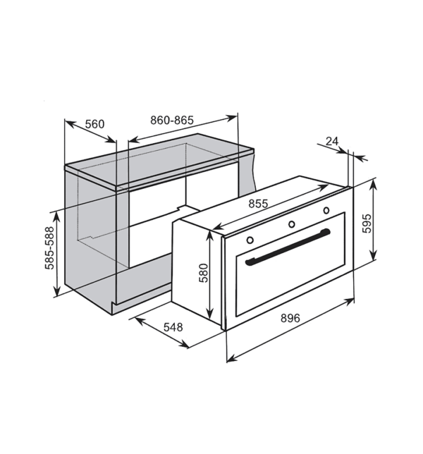 "Campomatic 90 cm Built-In Gas Oven with Double Glass Door and 130L Capacity, featuring gas oven, gas grill, and convection functions in Stainless Steel with Black Glass."