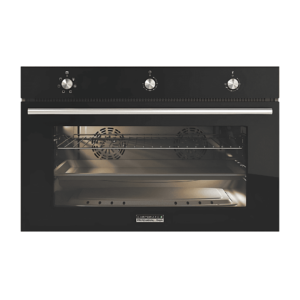 "Campomatic 90 cm Built-In Gas Oven with Double Glass Door and 130L Capacity, featuring gas oven, gas grill, and convection functions in Stainless Steel with Black Glass."
