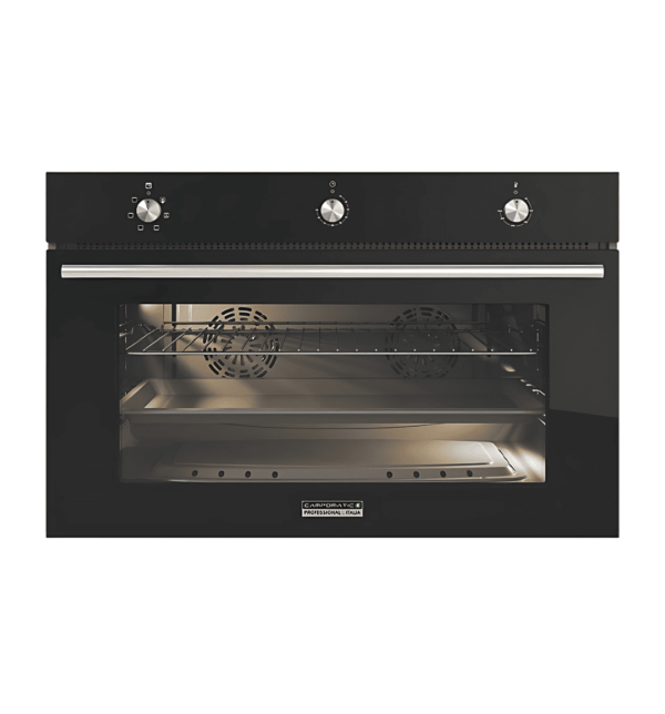 "Campomatic 90 cm Built-In Gas Oven with Double Glass Door and 130L Capacity, featuring gas oven, gas grill, and convection functions in Stainless Steel with Black Glass."