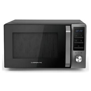 "Campomatic KOG23FS 23L Microwave with grill function, LED display, black stainless steel panel, and easy jog dial controls for effortless cooking."