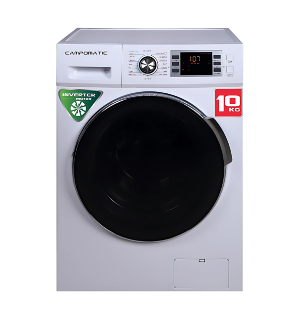 Campomatic WM10M 10Kg Front Load Washing Machine – White, 1400 RPM, Inverter Motor, Large LCD Display, Chrome/Black Door, Titanium Drum, Auto-Restart