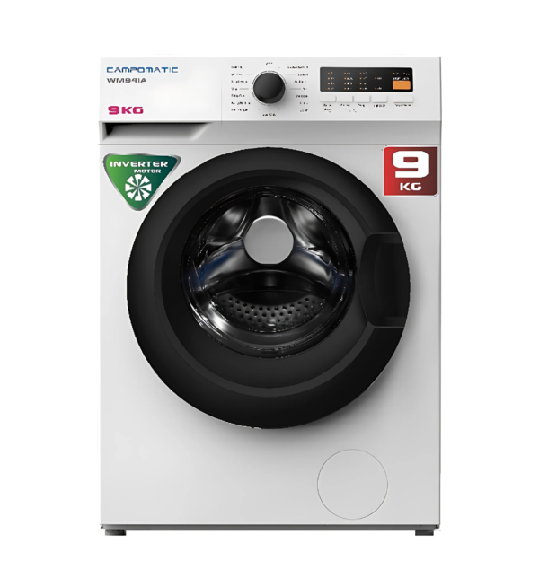 Campomatic WM94I 9Kg Front Load Washing Machine – White with Black Tinted Door, 1400 RPM, Inverter Brushless Motor, 15 Programs, Titanium Stainless Steel Drum, and A+++ Energy Efficiency.