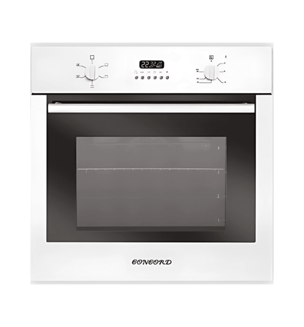 "Concord COVW60 Electric Oven with 60x60 cm size, featuring pyrolytic self-cleaning, rotisserie, LCD control panel, and electric programmer."
