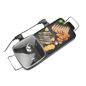 "DSP 2 in 1 Grill KB1055 with die-cast aluminum hot plate, non-stick surface, cool touch handle, detachable oil tray, and separate temperature control for grill and hot pot."
