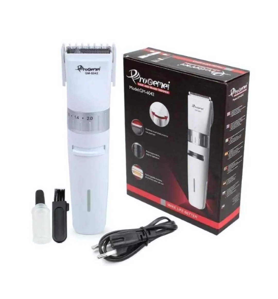 Gemei GM-6042 Hair & Beard Trimmer with stainless steel blades, adjustable cutting lengths, rechargeable battery, and corded operation for precision grooming.