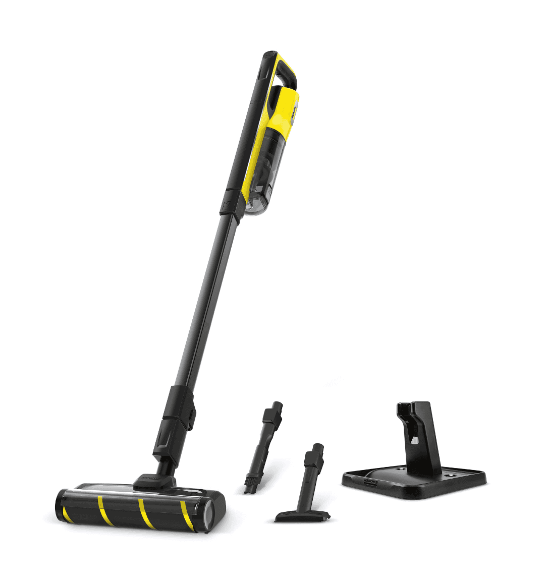 Karcher VC 4s Cordless 2-in-1 Vacuum Cleaner in upright mode with HEPA filter and 18V battery, featuring brushless motor and self-standing storage station.