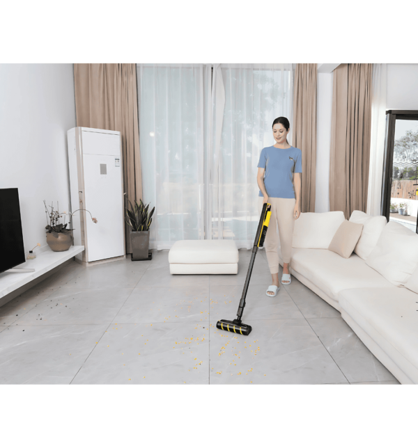 Karcher VC 4s Cordless 2-in-1 Vacuum Cleaner in upright mode with HEPA filter and 18V battery, featuring brushless motor and self-standing storage station.