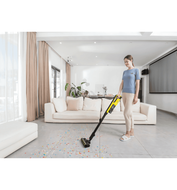 Karcher VC 4s Cordless 2-in-1 Vacuum Cleaner in upright mode with HEPA filter and 18V battery, featuring brushless motor and self-standing storage station.