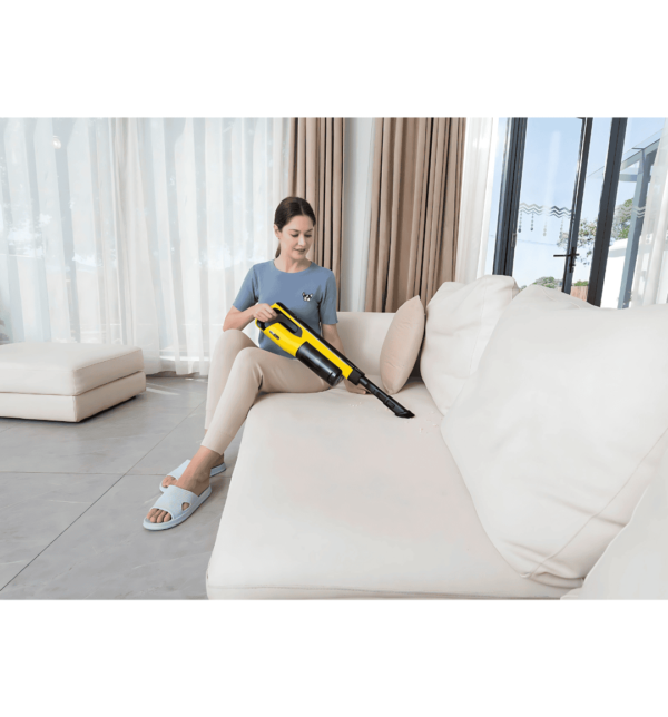 Karcher VC 4s Cordless 2-in-1 Vacuum Cleaner in upright mode with HEPA filter and 18V battery, featuring brushless motor and self-standing storage station.