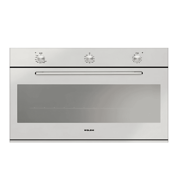 "Glem Gas GF9W31IXN Built-In Gas Oven – 90cm, Stainless Steel, 95L capacity, gas grill, fan-assisted cooking, 9 functions, and rotisserie."
