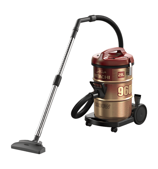 Hitachi CV-960F Vacuum Cleaner with 2200W motor, 21L dust capacity, and metal extension pipe.