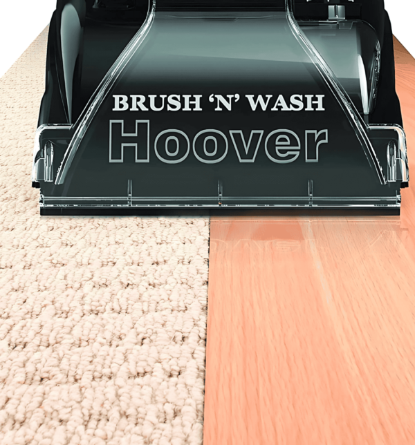 Hoover F5916 Carpet and Hard Floor Washer with 1400W power, SpinScrub and TwinTank Technology, including accessories like the upholstery wash tool and bare floor tool.