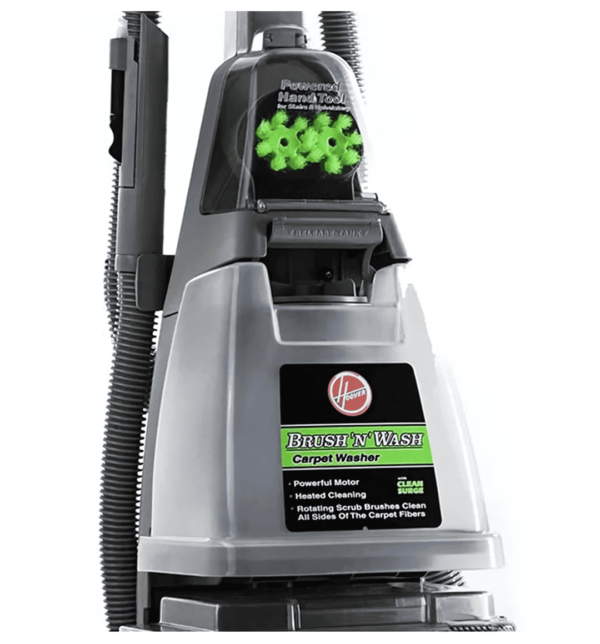 Hoover F5916 Carpet and Hard Floor Washer with 1400W power, SpinScrub and TwinTank Technology, including accessories like the upholstery wash tool and bare floor tool.