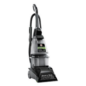 Hoover F5916 Carpet and Hard Floor Washer with 1400W power, SpinScrub and TwinTank Technology, including accessories like the upholstery wash tool and bare floor tool.