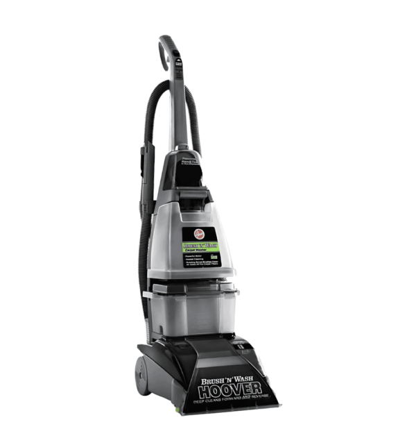 Hoover F5916 Carpet and Hard Floor Washer with 1400W power, SpinScrub and TwinTank Technology, including accessories like the upholstery wash tool and bare floor tool.