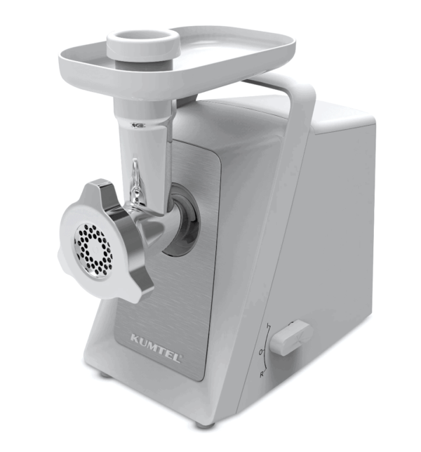 "KUMTEL Meat Grinder HMG-02 featuring 2000W peak power, stainless steel grinding discs (5mm & 7mm), sausage & kibbeh attachments, and a durable plastic body for efficient and reliable meat processing."