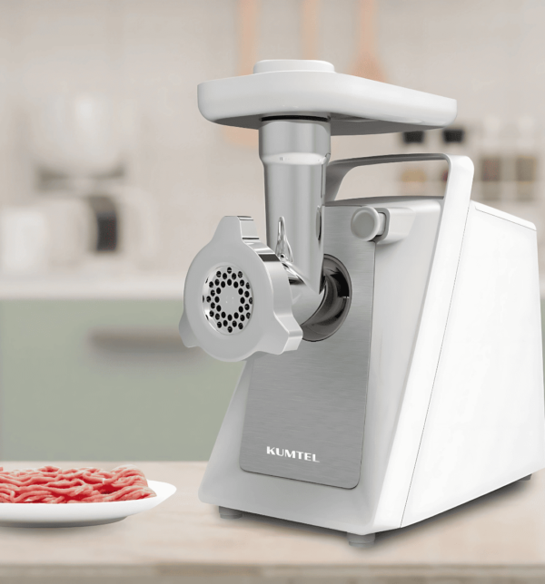 "KUMTEL Meat Grinder HMG-02 featuring 2000W peak power, stainless steel grinding discs (5mm & 7mm), sausage & kibbeh attachments, and a durable plastic body for efficient and reliable meat processing."
