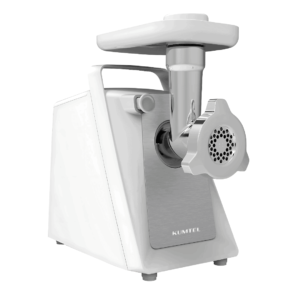 "KUMTEL Meat Grinder HMG-02 featuring 2000W peak power, stainless steel grinding discs (5mm & 7mm), sausage & kibbeh attachments, and a durable plastic body for efficient and reliable meat processing."
