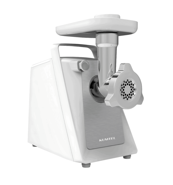 "KUMTEL Meat Grinder HMG-02 featuring 2000W peak power, stainless steel grinding discs (5mm & 7mm), sausage & kibbeh attachments, and a durable plastic body for efficient and reliable meat processing."
