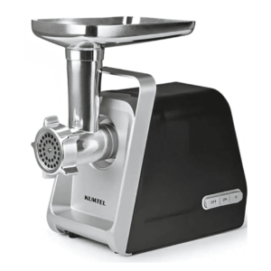 "KUMTEL Meat Grinder HMG-04 featuring a 1600W motor, stainless steel blades, aluminum tray, sausage & kubbe attachments, and a durable, easy-to-clean design for efficient meat grinding."