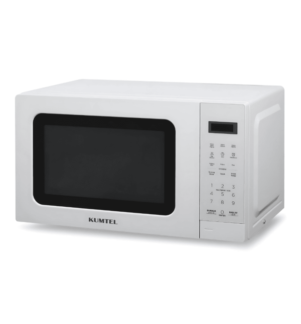 "Kumtel KUM9490 20L Digital Microwave Oven with 700W power, LED display, touch screen, fast defrosting, smart memory, child safety lock, and fast cooking in a white finish."
