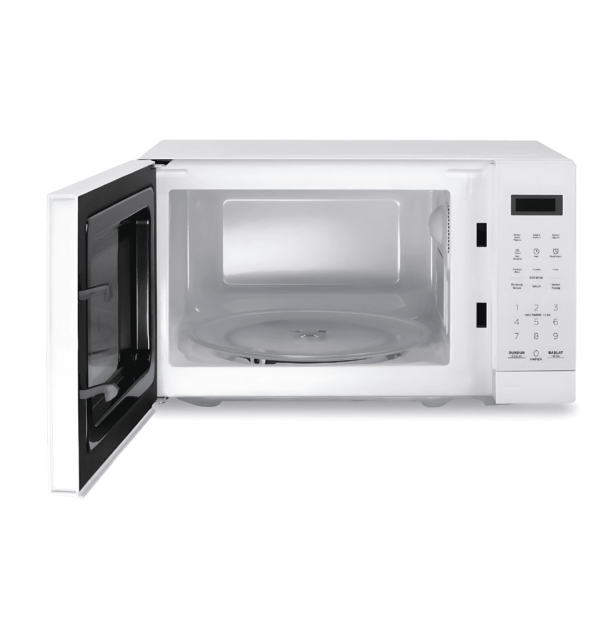 "Kumtel KUM9490 20L Digital Microwave Oven with 700W power, LED display, touch screen, fast defrosting, smart memory, child safety lock, and fast cooking in a white finish."